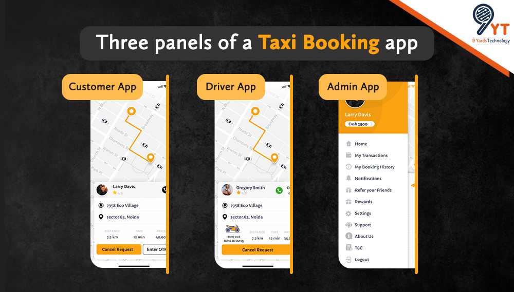 three panels of a taxi booking app